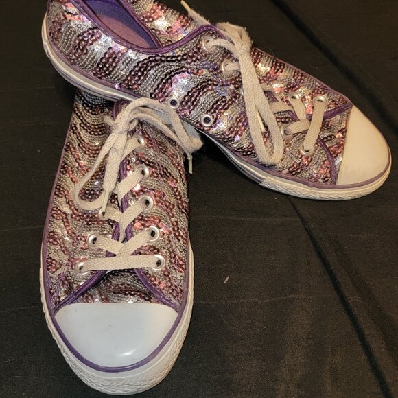 Purple Silver Sequin Converse 9.5 Women Low Top Glitter Festival Tennis Shoes - Picture 2 of 9